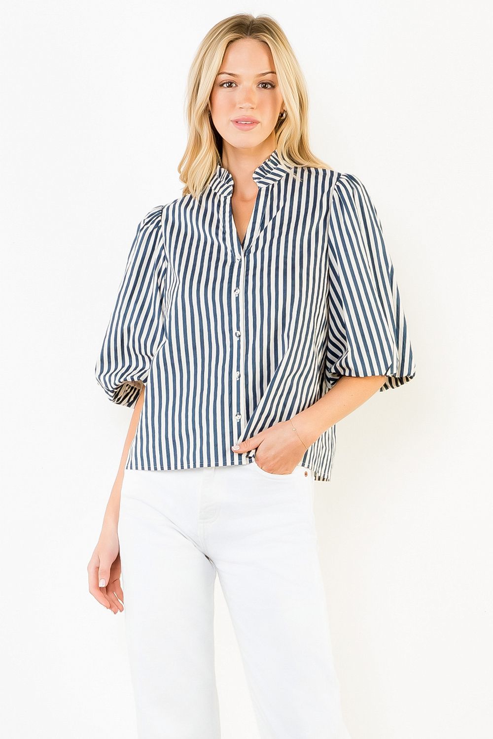 Stripe Button Down Top-Blue - From Me To You