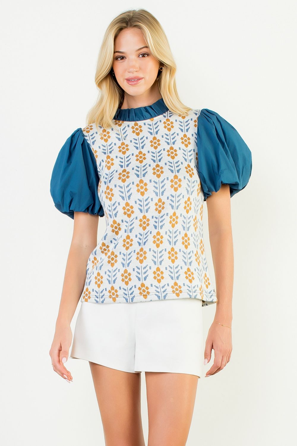 THML | Puff Sleeve Mixed Media Floral Pattern Top - Cream - From Me To You