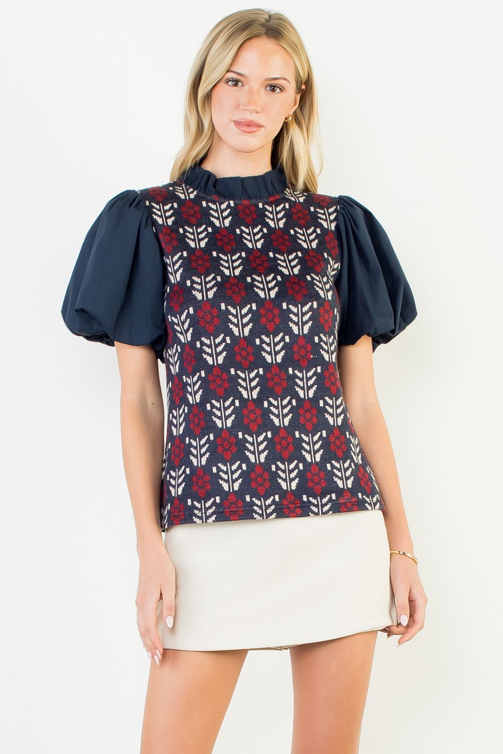 THML | Puff Sleeve Mixed Media Floral Pattern Top - Navy - From Me To You