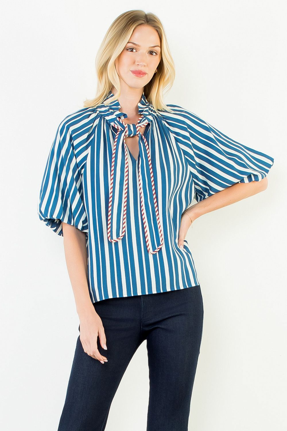 THML Short Sleeve Blue Striped Tie Neck Top - From Me To You