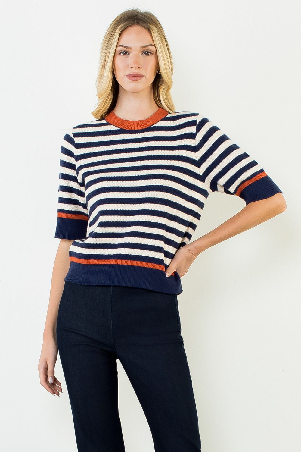 THML Stripe Short Sleeve Sweater-Navy - From Me To You