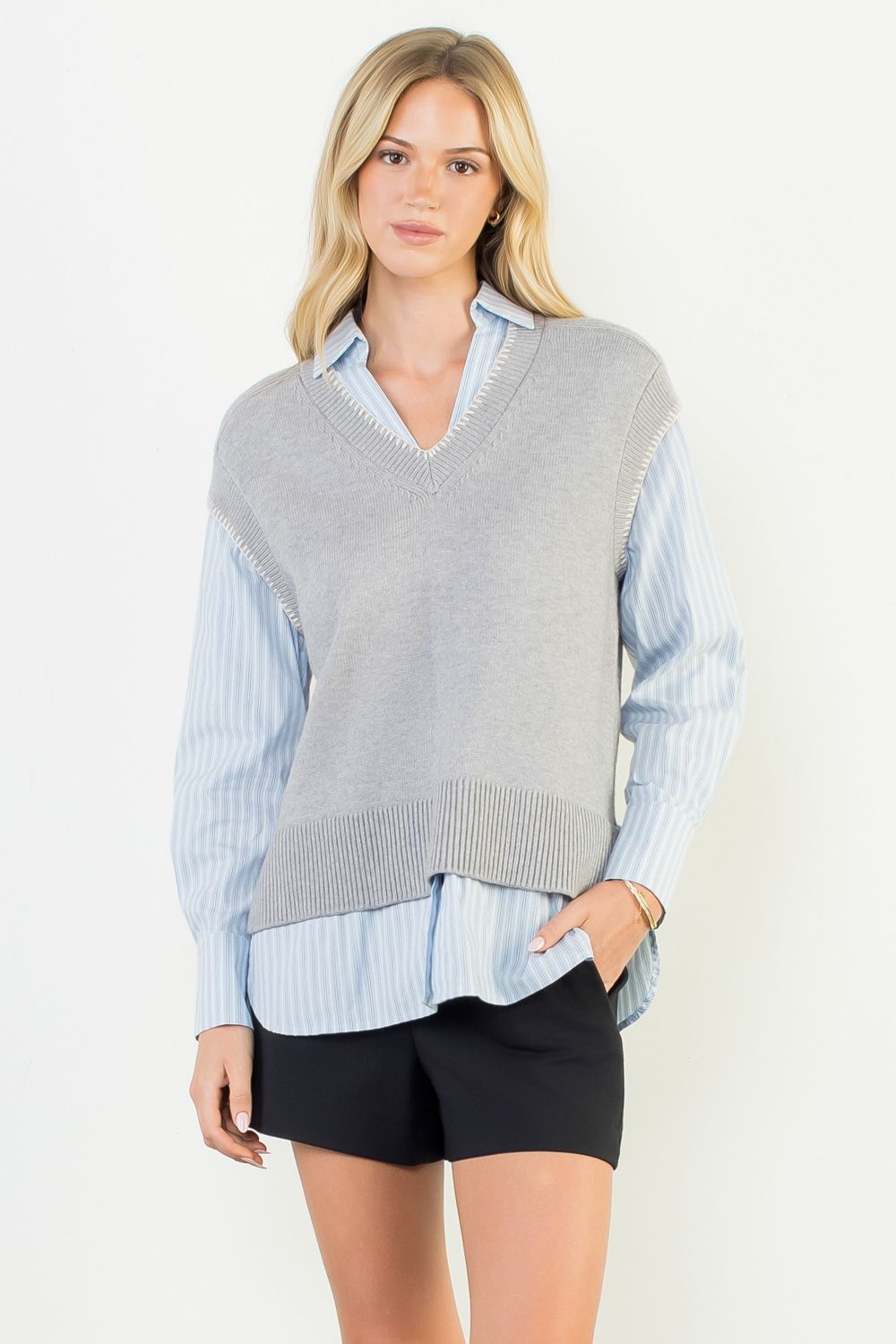 THML | V - Neck Mixed Media Layered Knit Top - From Me To You