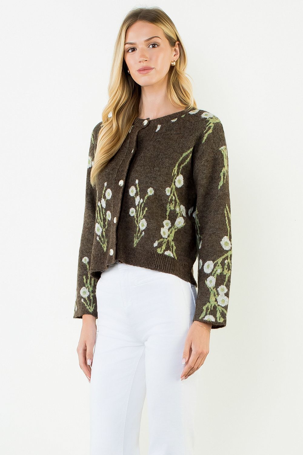 THML Cherry Blossom Print Cardigan-Brown