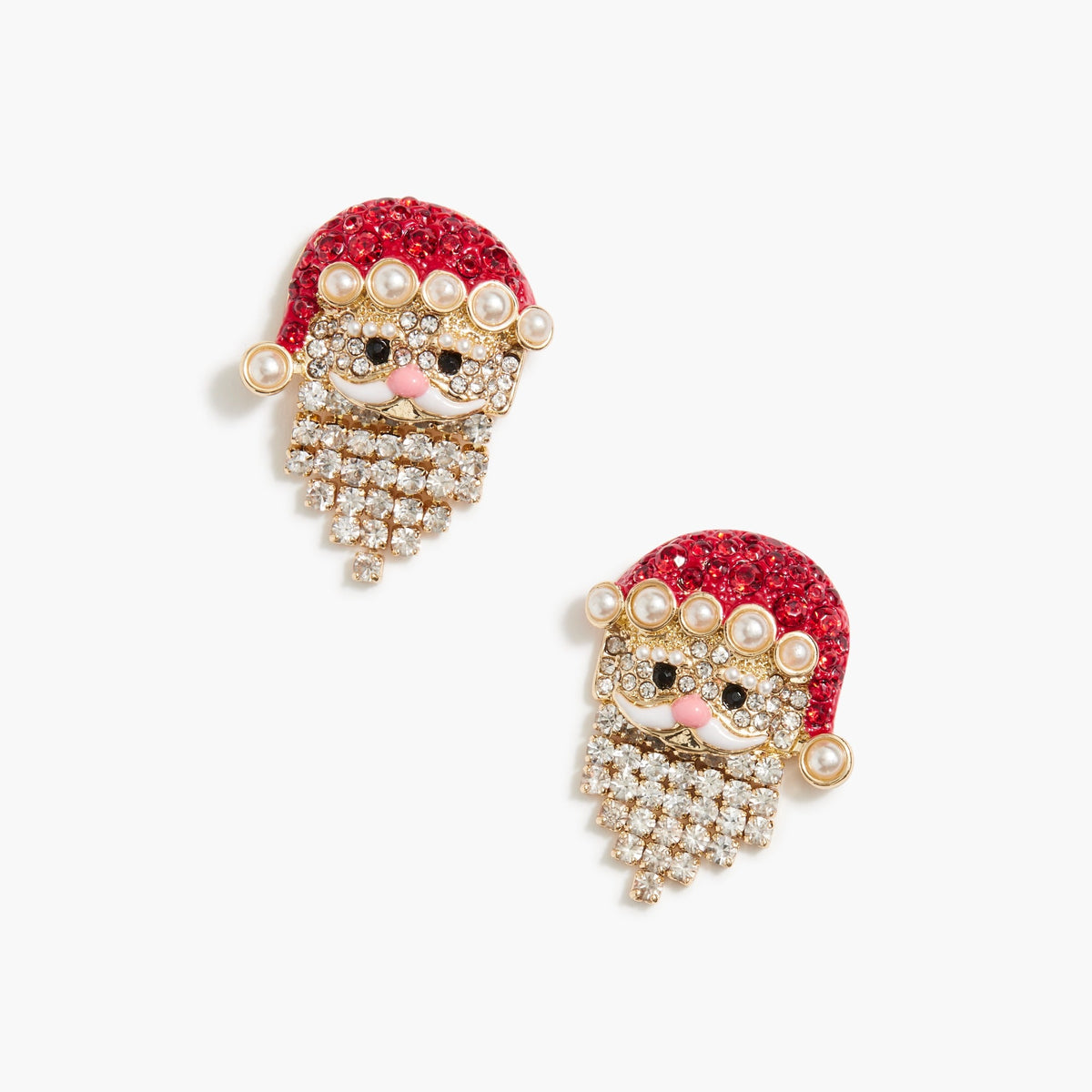 Very Merry Santa Stud Earrings | Canvas Style. Gold-tone earrings featuring Santa's head with red rhinestone hat, clear rhinestone beard, and pearl accents.