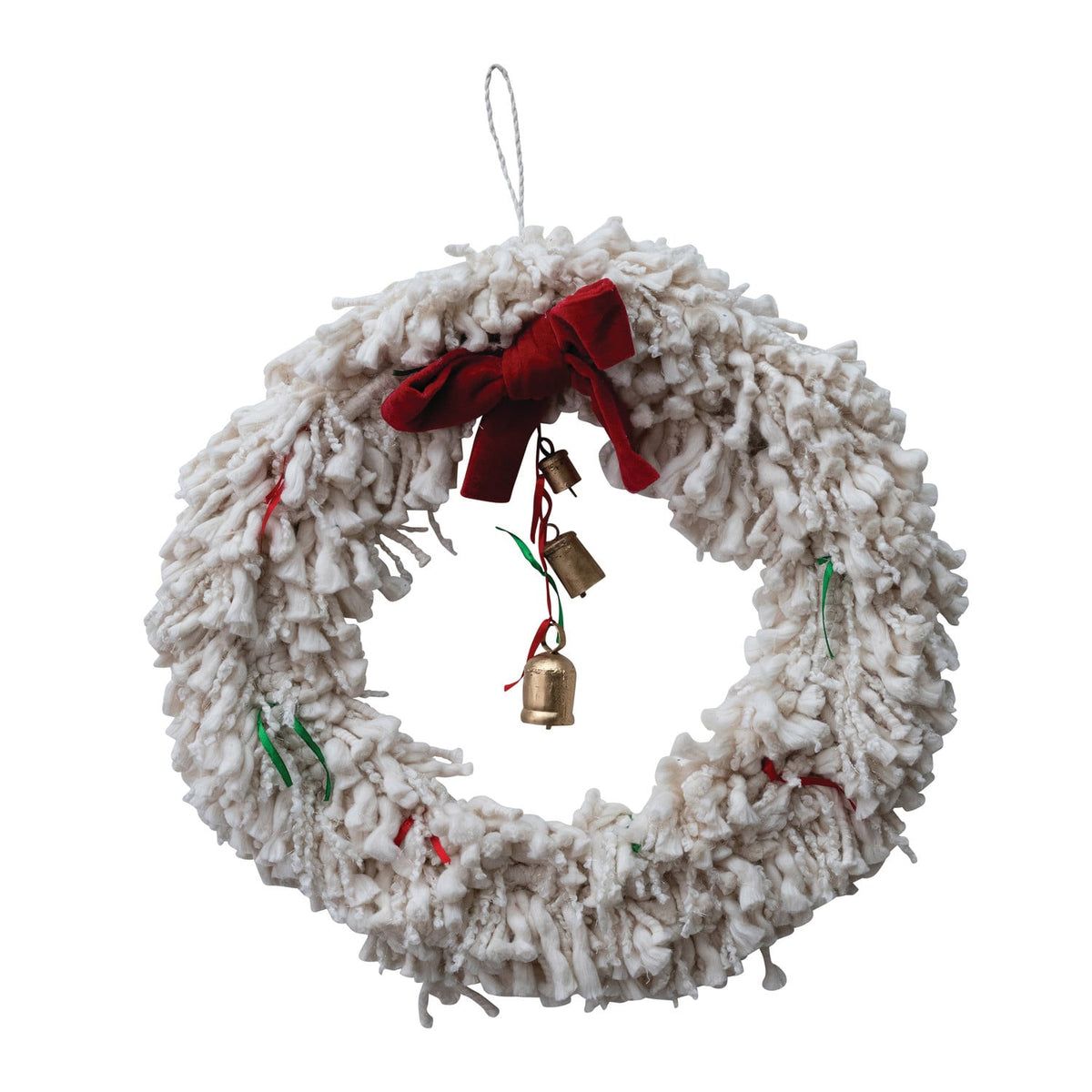 Creative Co-op Handmade Cotton Blend Yarn Wreath with Red Bow, Ribbons & Metal Bells