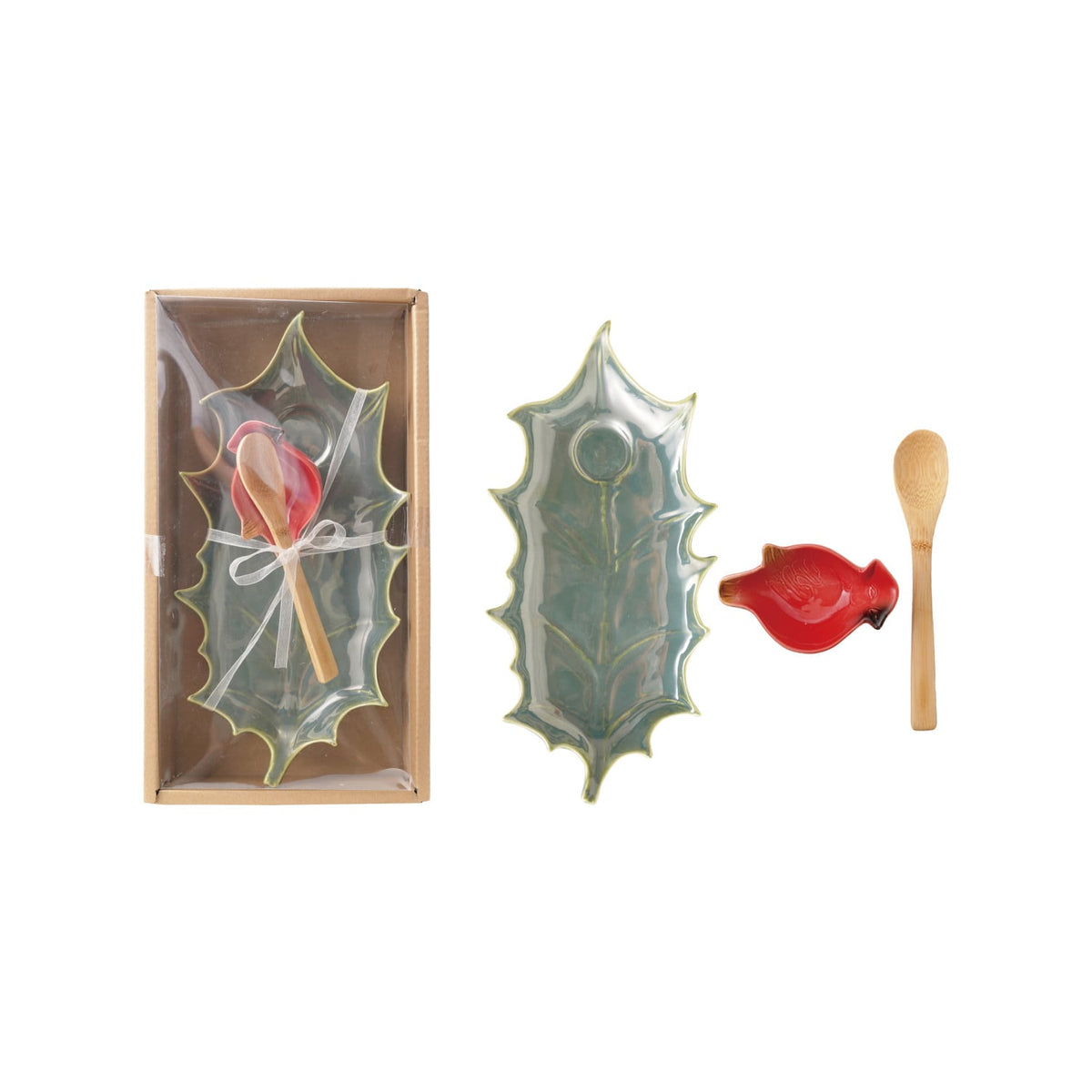 Creative Co-op Stoneware Plate with Dish & Bamboo Spoon