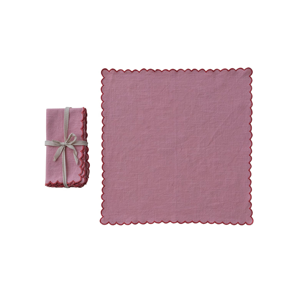 Creative Co-op S/4 Cotton Scalloped Napkins w/ Stitched Edges, Pink & Red