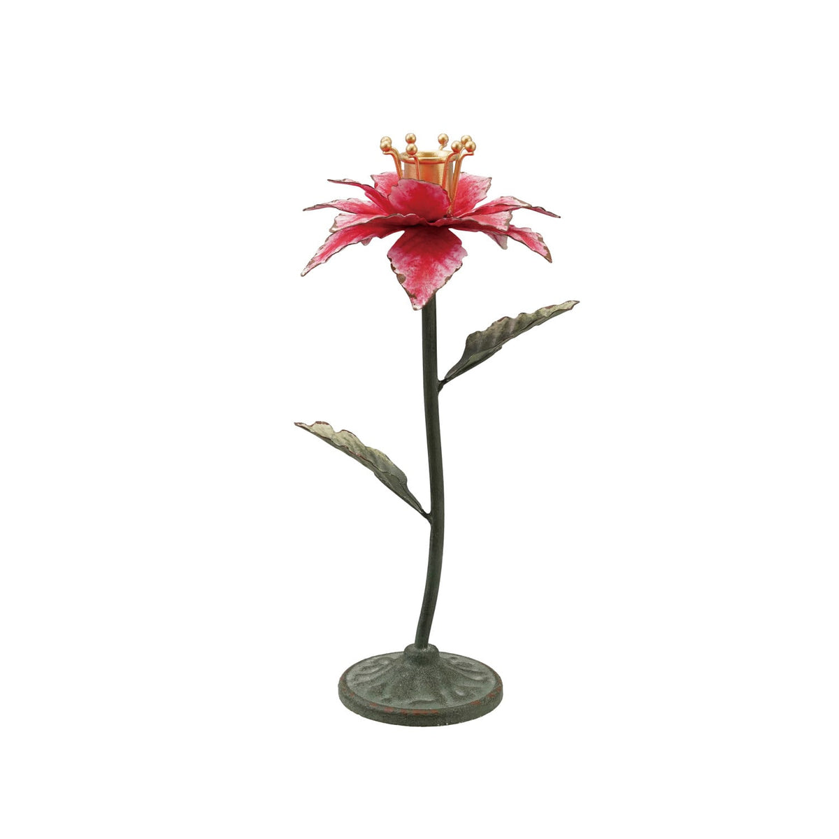 Creative Co-op Painted Metal Poinsettia Shaped Taper Holder, Gold Color, Green & Red