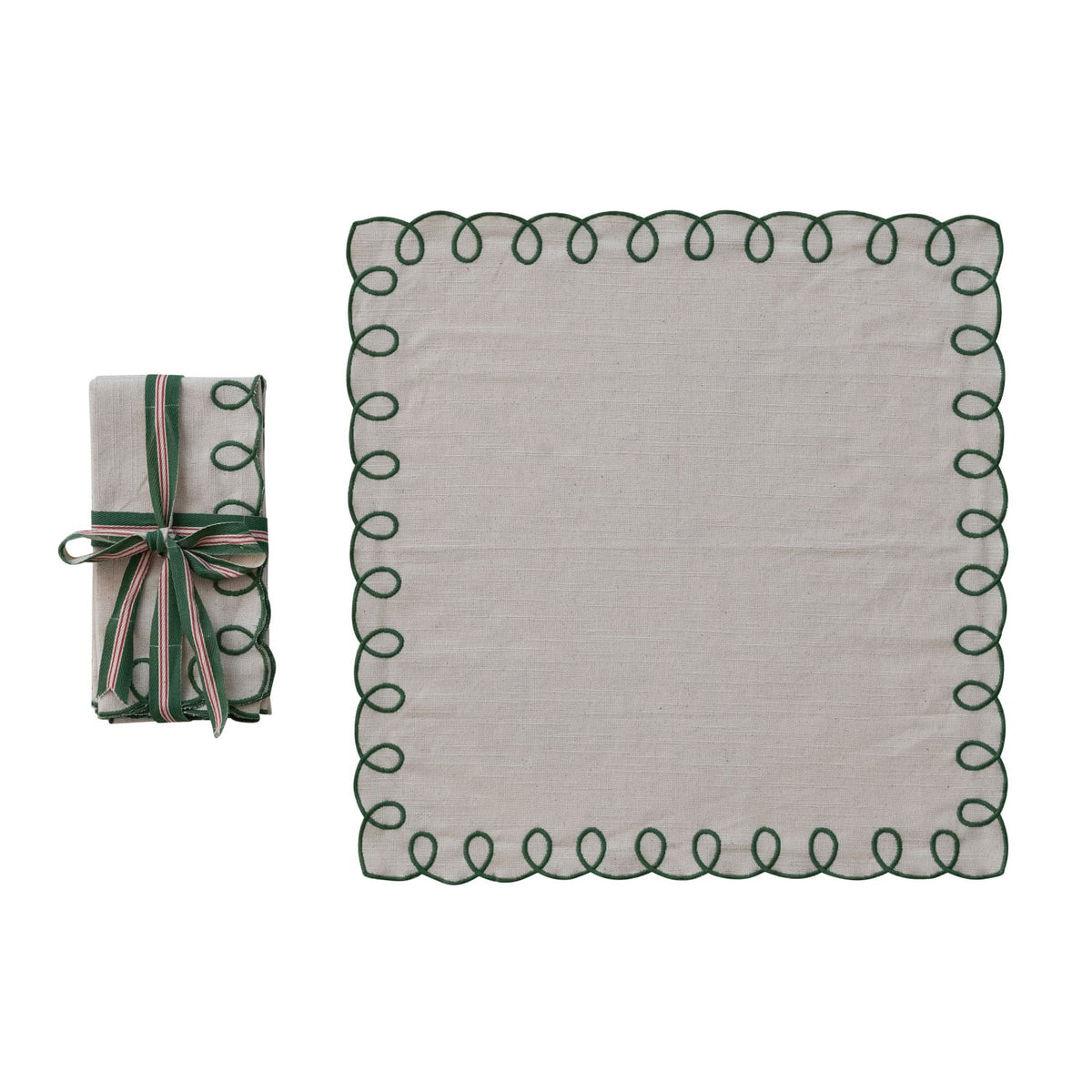 Creative Co-op Cotton Scalloped Napkins with Embroidered Edges. Beige & Green