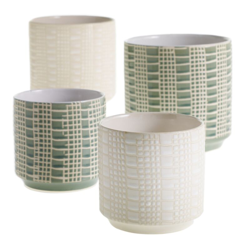 Accent Decor Zati Pot set, 6.5x6.75 inch ceramic planters in sage green and cream with textured grid pattern
