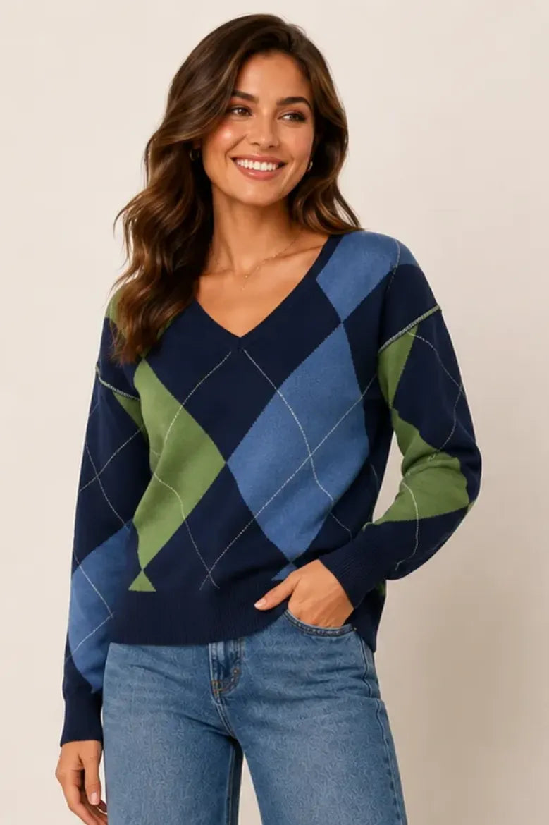 Pine Apparel V-Neck Argyle Pullover Sweater