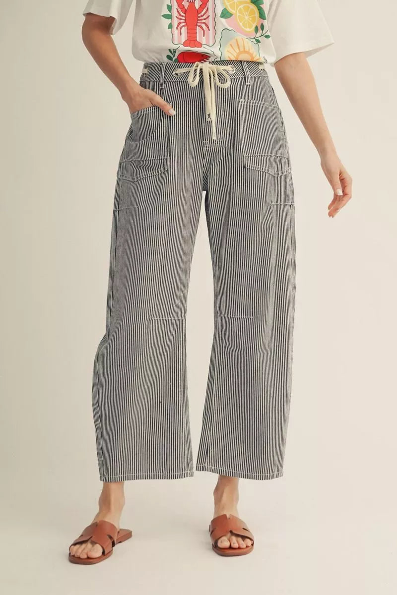 JODIFL Drawstring waist stripe barrel pants-denim Blue