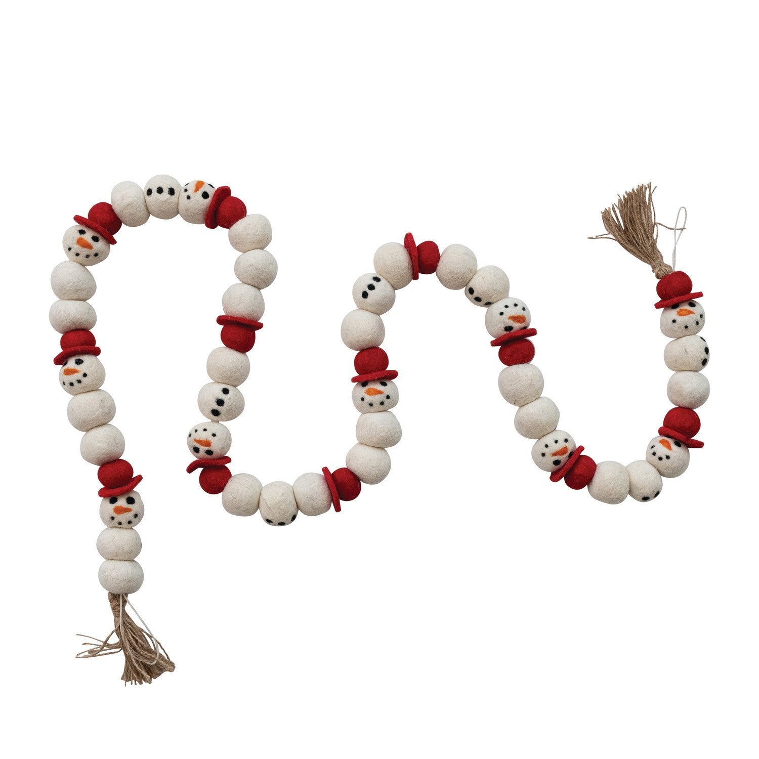 72"L x 1 - 1/2"H Handmade Wool Felt Snowman Garland with Jute Tassels - From Me To You