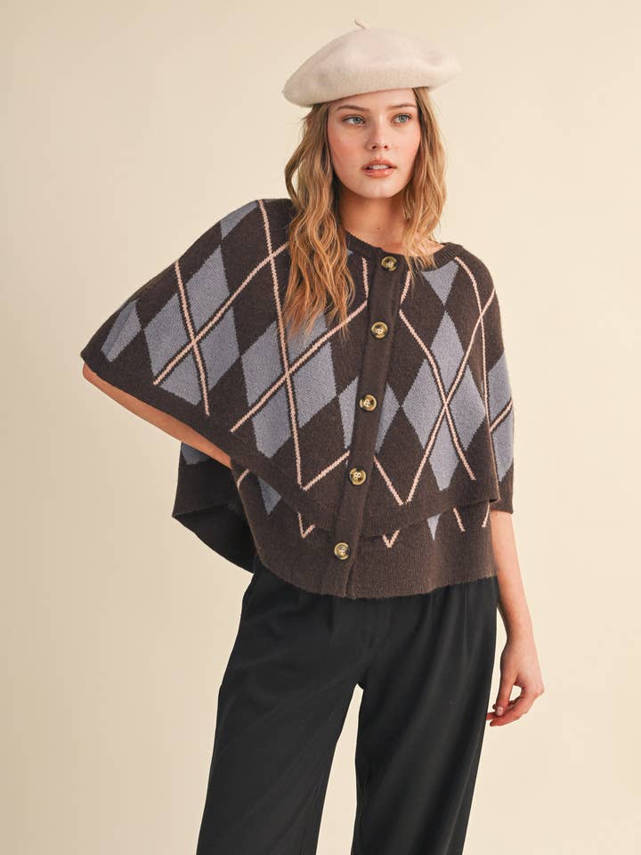 Argyle Button Down Cape Cardigan-BROWN LAVENDER
