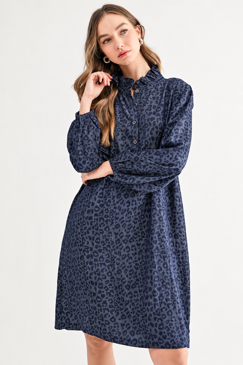 Joh-Diana Denim Leopard Print Ruffle Neck Tunic Dress