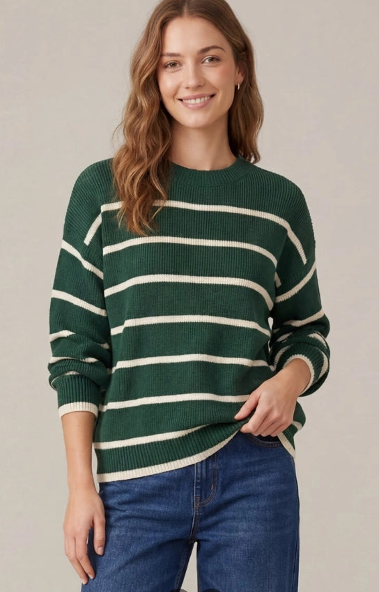 LONG SLEEVE STRIPED SWEATER TOP-GREEN