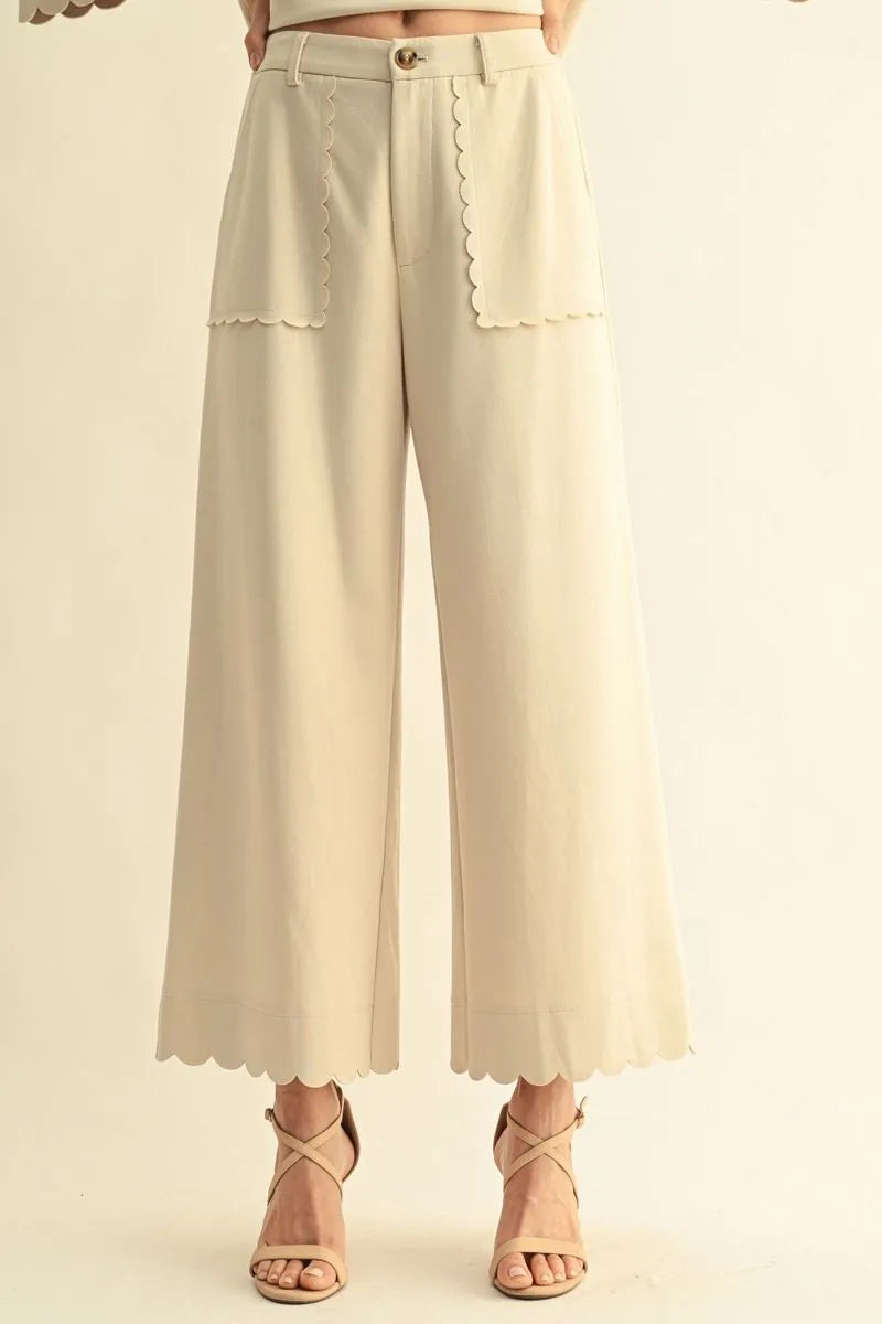 JODIFL-Wide Leg Solid Dressy Pants with scallop edge-Oatmeal