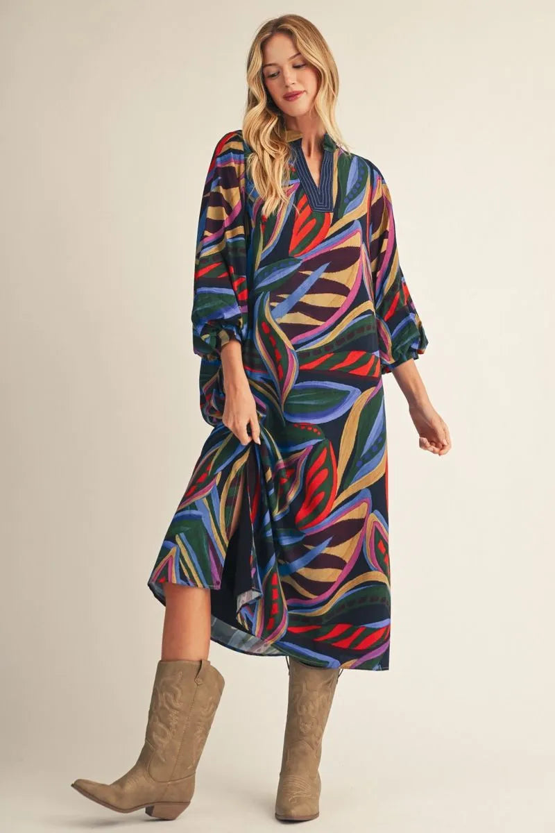 JODIFL-3/4 puff sleeves boho floral midi dress