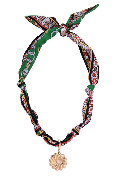 Canvas [26777N - GN] Gertrude Pearl Flower Scarf Necklace in Green/Black/Orange - From Me To You