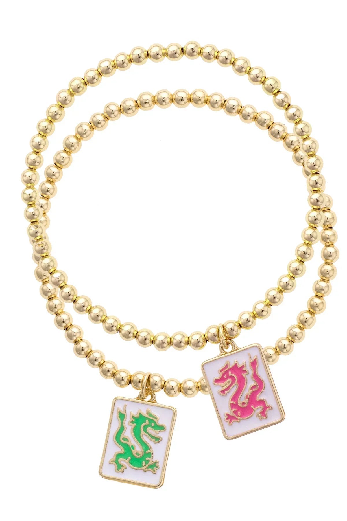 Canvas [27045B-GD] Pair of Dragons Mahjong Ball Bead Bracelet Set of 2 in Shiny Gold - From Me To You