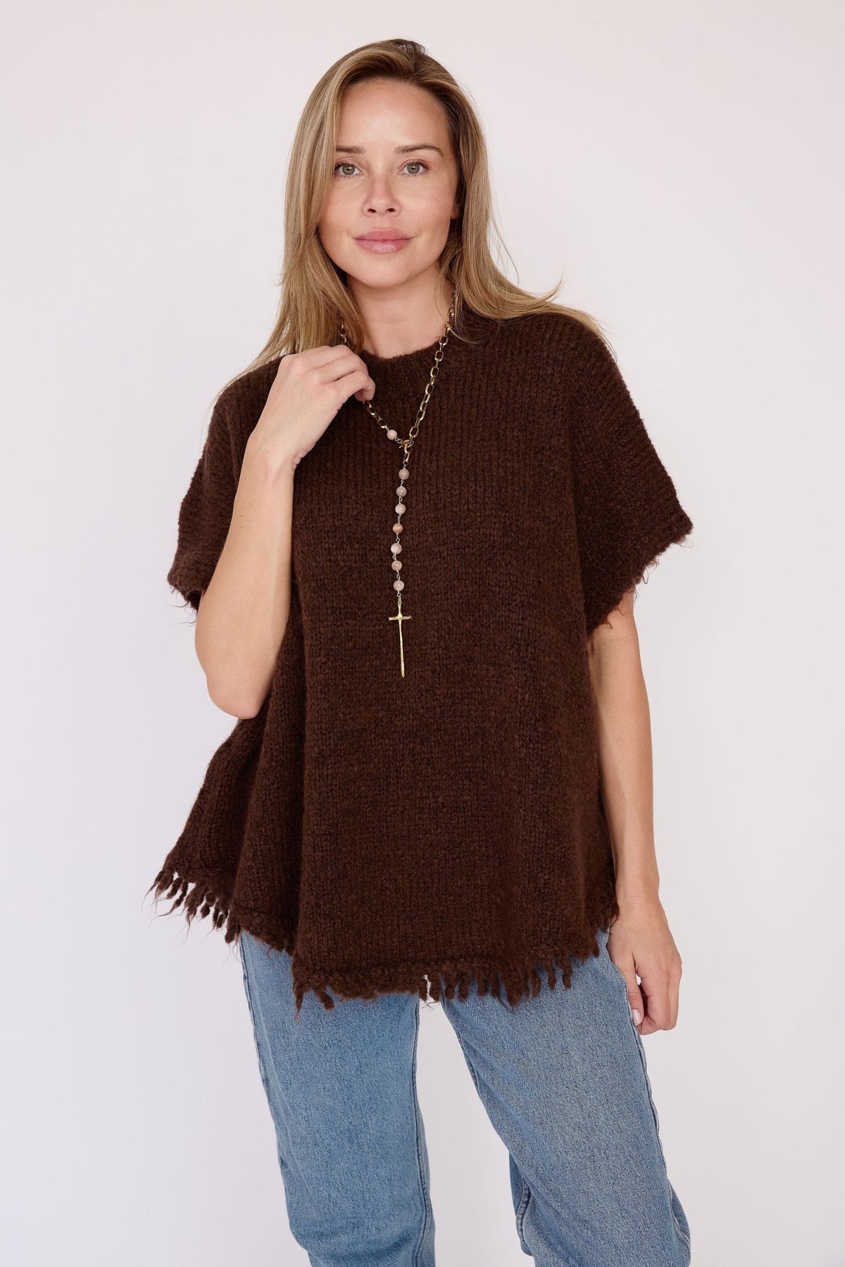 Cobblestone Theresa Knit Poncho-Espresso - From Me To You