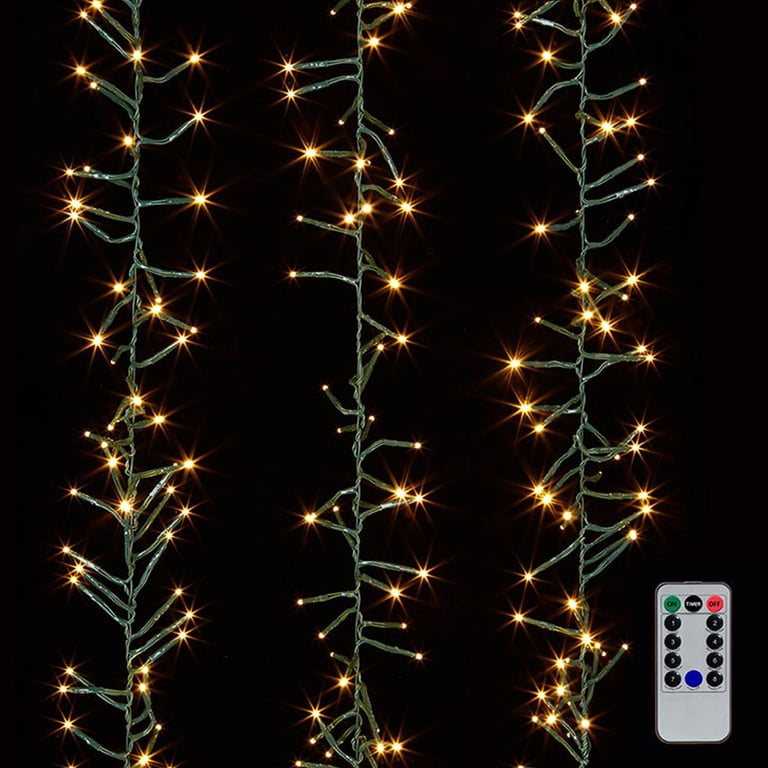 Bright Connectable Cluster Garland featuring 600 Warm White Lights on Green Wire, with remote control, for festive decor.