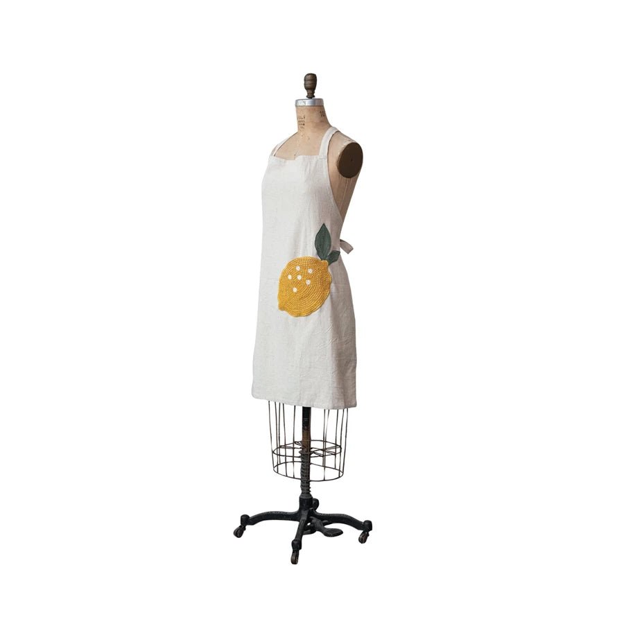 Creative Co - op Cotton & Linen Apron w/ Embroidery & Crochet Lemon Shaped Pocket - From Me To You