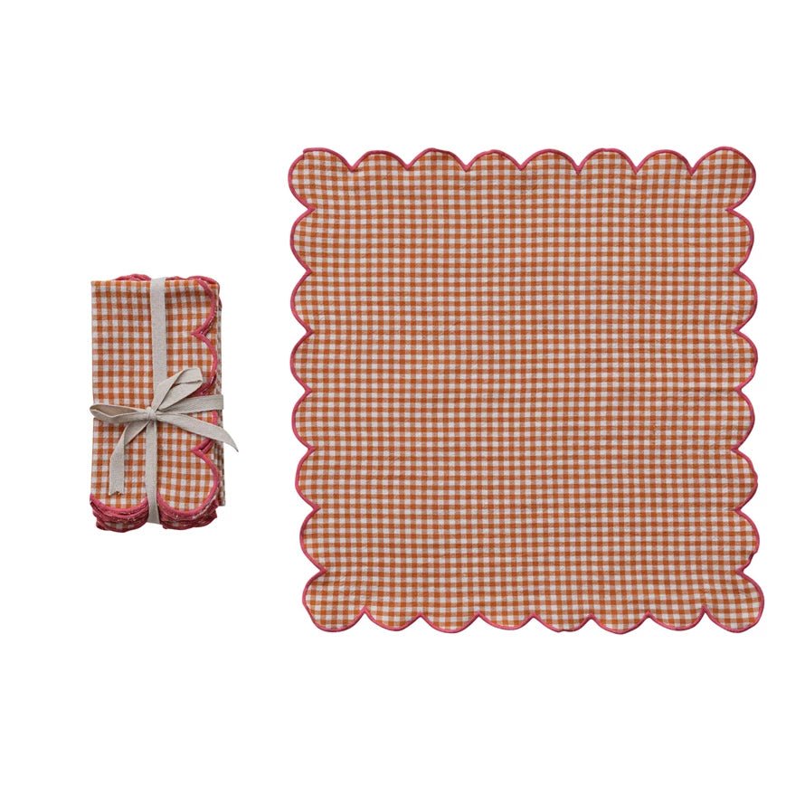 Creative Co - op Cotton Scalloped Napkins with Contrasting Stitched Edges, Set of 4 Tied with Cotton Tape - From Me To You
