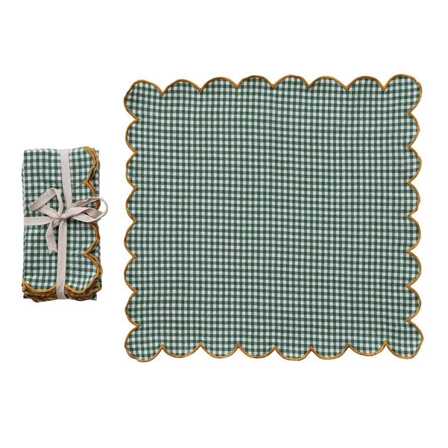 Creative Co - op Cotton Scalloped Napkins with Contrasting Stitched Edges, Set of 4 Tied with Cotton Tape - Green - From Me To You