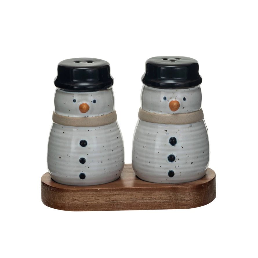 Creative Co op S/3 4 - 3/4"L Stoneware Snowmen S & P Shakers w Wood Tray:XS5874 - From Me To You