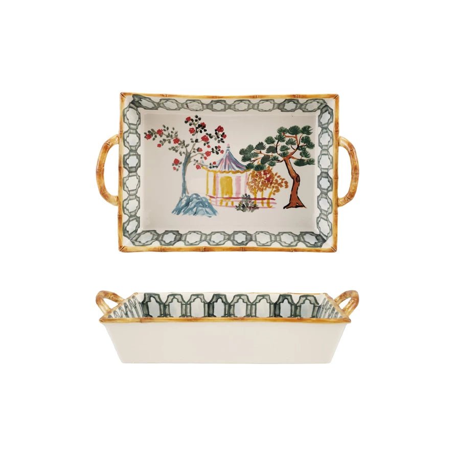 Creative Co - op Stoneware Baker W House, Palm Trees Bamboo Style Edge & Handles - From Me To You