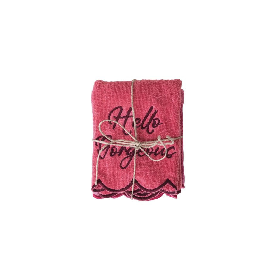 Creative Coop square Cotton Bath Towels with Embroidered Saying - From Me To You