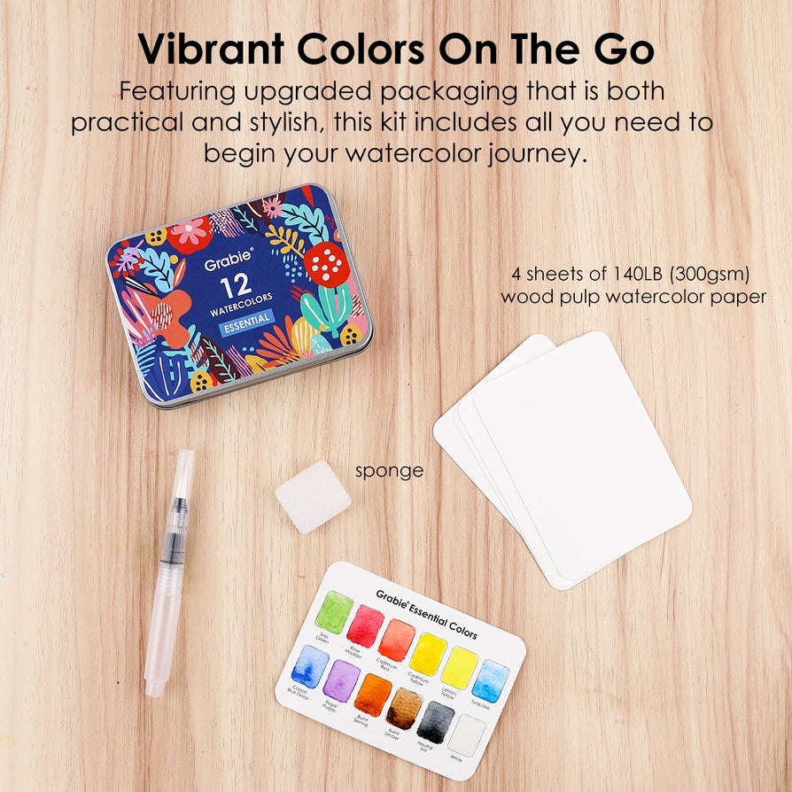 Watercolor Pocket Set Of 12 With Brush - Essential Colors