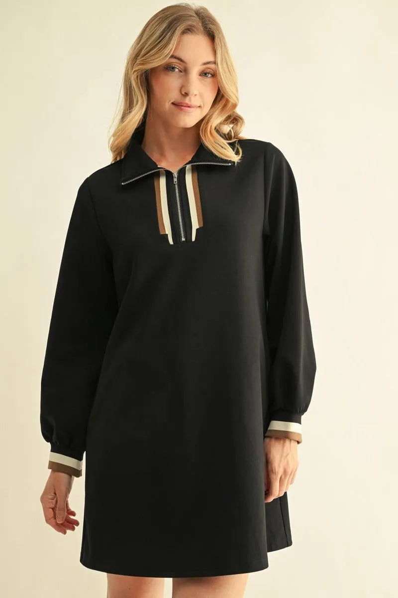 JODIFL-Long sleeves front zip up solid casual dress-Black