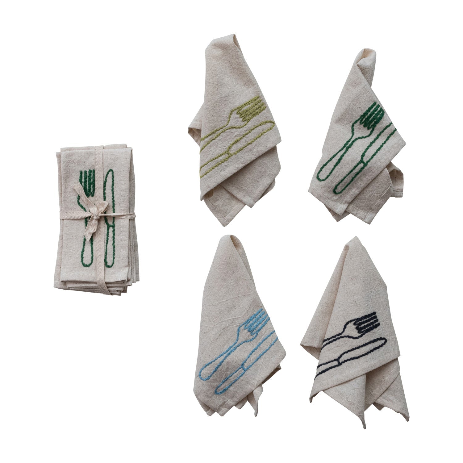 Embroidered Cotton & Linen Napkins, Set of 4 Tied with Cotton Tape - From Me To You