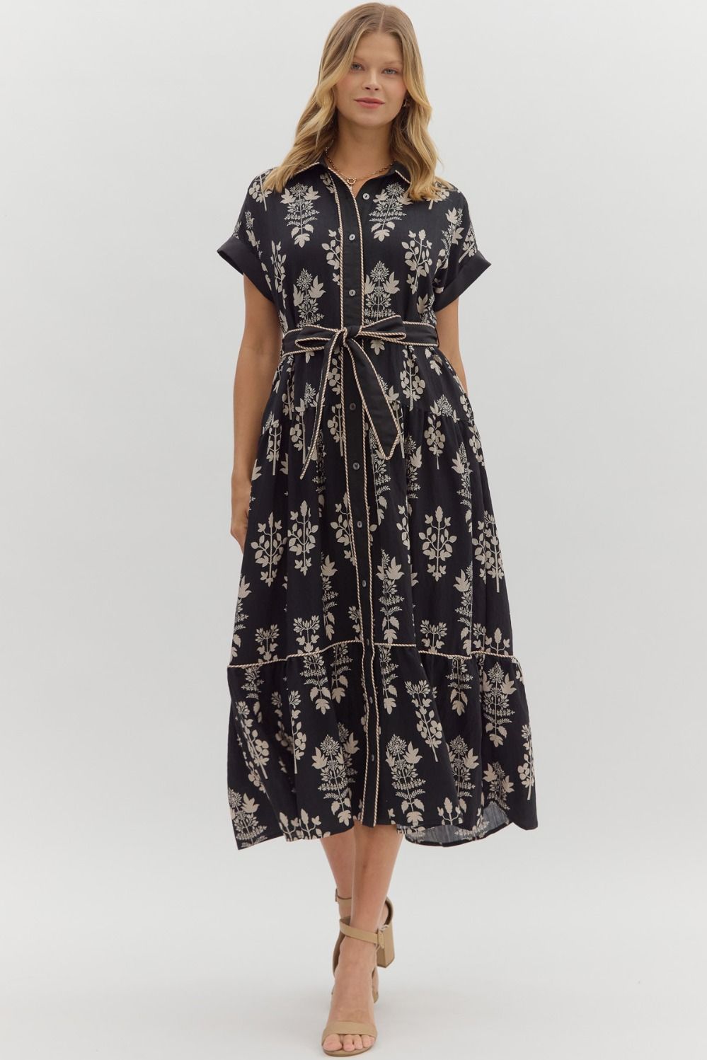 Entro - Black Botanical Midi Dress - From Me To You