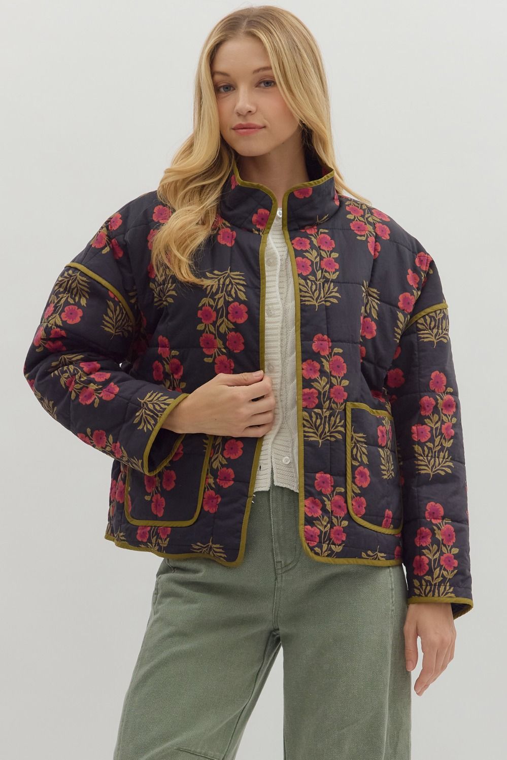 Entro - Botanical long sleeve quilted jacket - Black - From Me To You