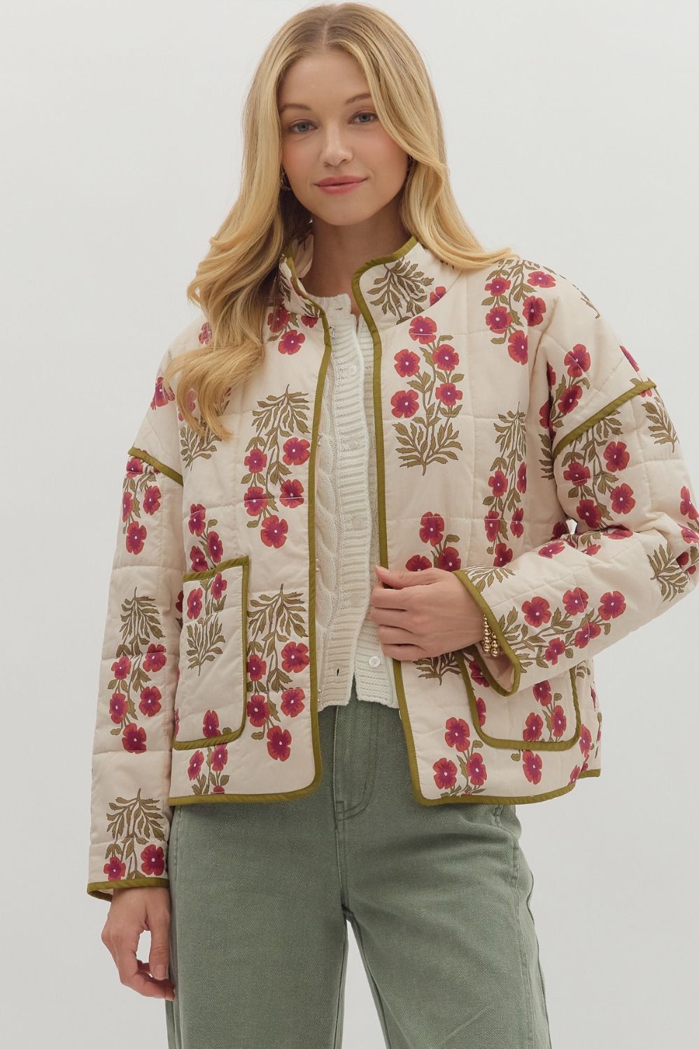 Entro - Botanical long sleeve quilted jacket - RED ECRU - From Me To You