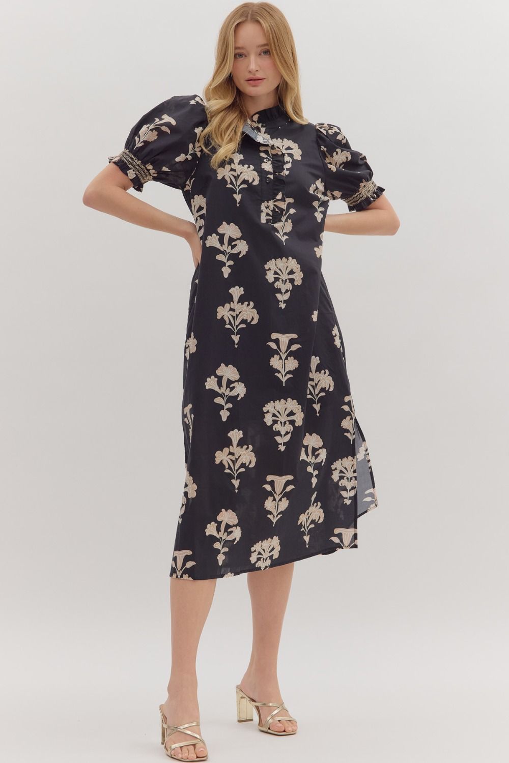 Entro - Botanical print short puff sleeve midi dress - Black - From Me To You