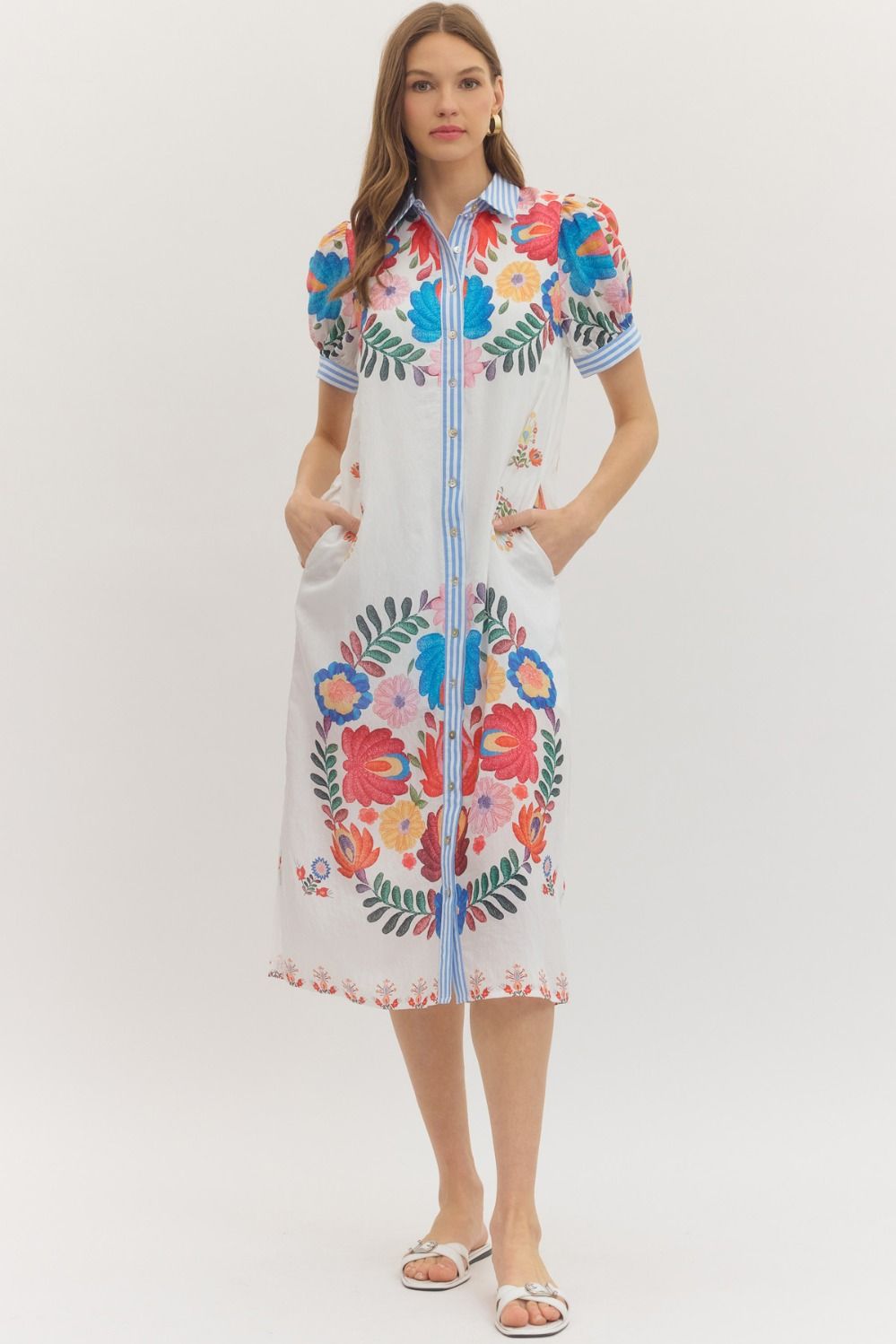 Entro - Botanical print short sleeve midi dress - Ivory - From Me To You