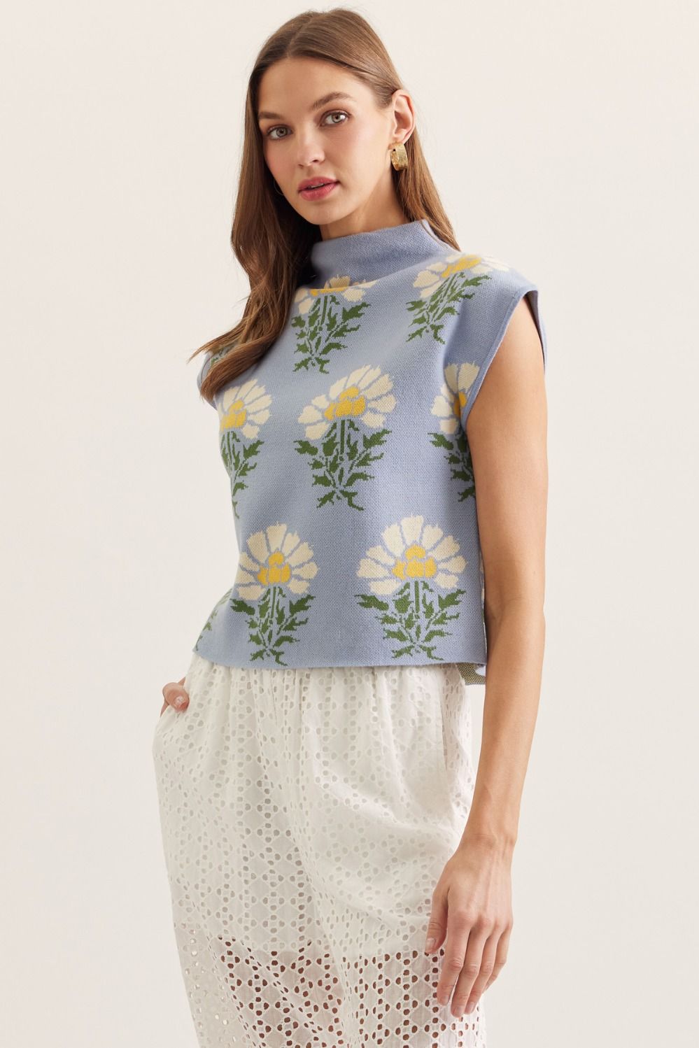 Entro - Botanical print sleeveless mock neck knit top - Chambray - From Me To You
