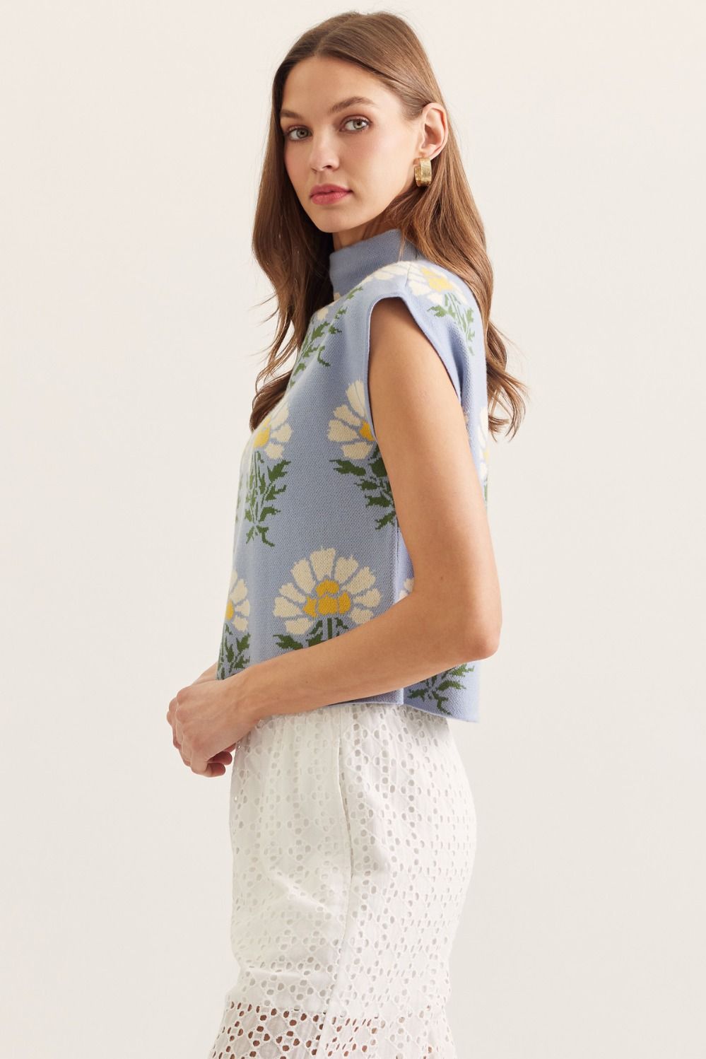 Entro - Botanical print sleeveless mock neck knit top - Chambray - From Me To You