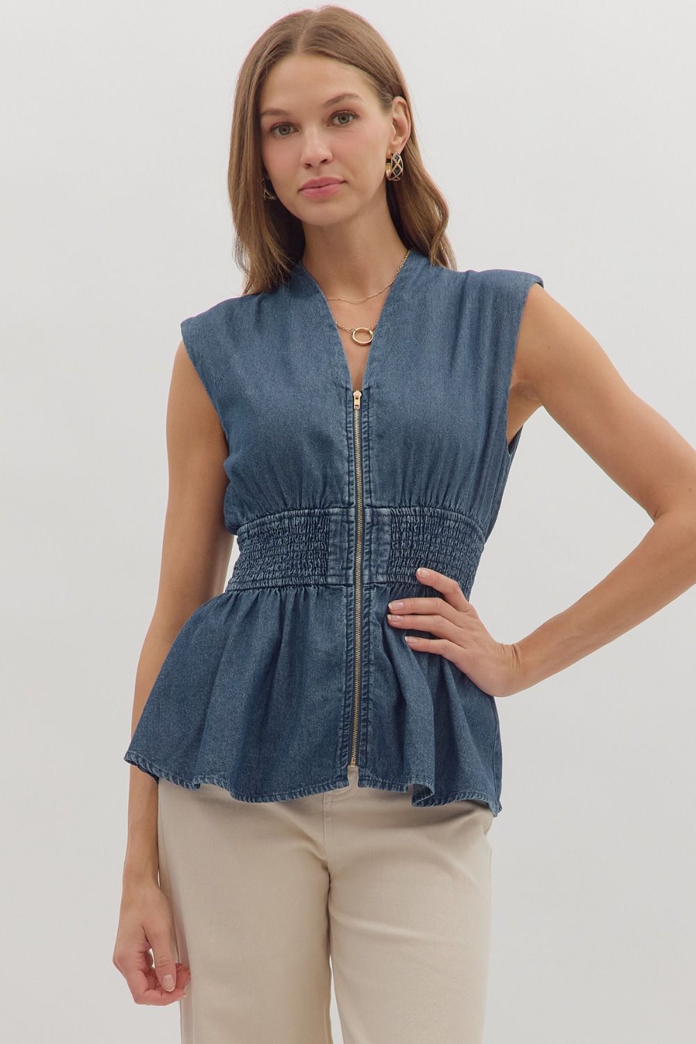 Entro - Denim Sleeveless Zip Top - From Me To You