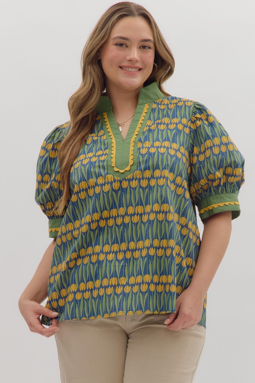 Entro - Floral pattern cuff band short puff sleeve - Plus Sizes - From Me To You