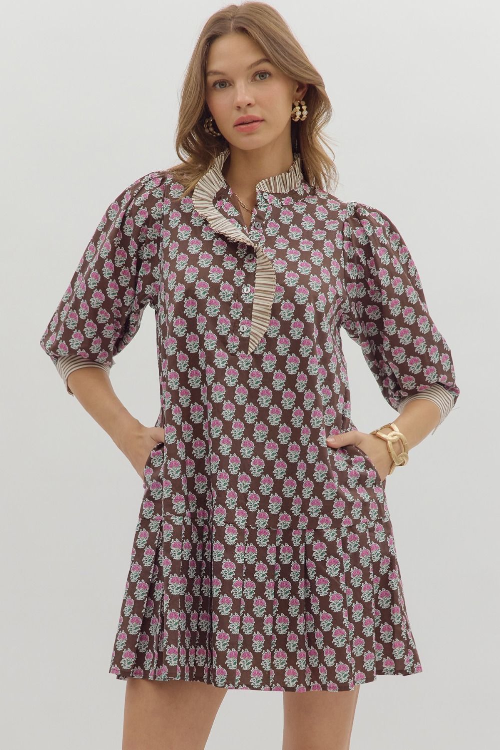 Entro - Floral pattern ¾ cuff sleeve pleated hem mini dress - Brown - From Me To You