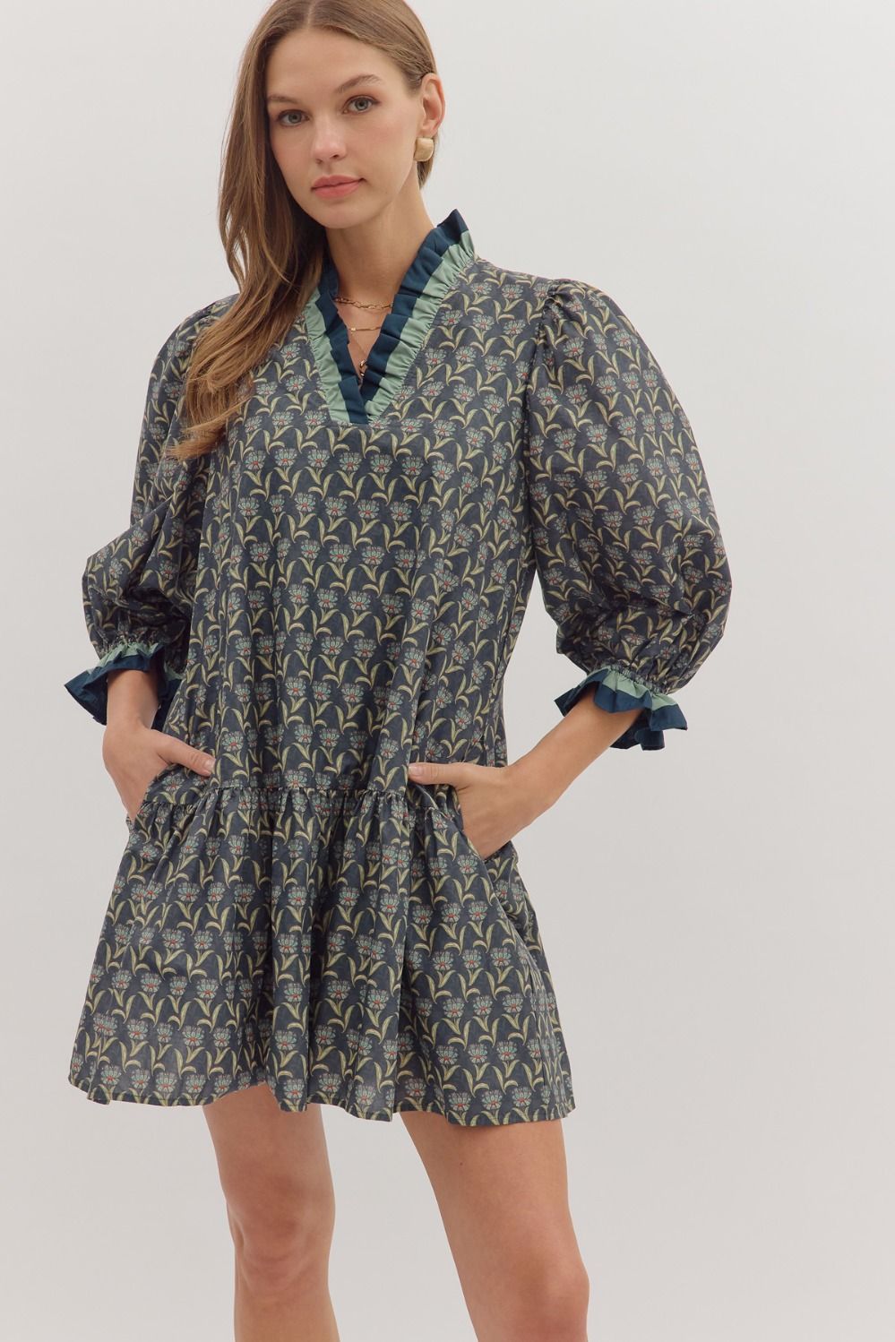 Entro - Floral print 3/4 puff sleeve mini dress - D28762 - Midnight - From Me To You