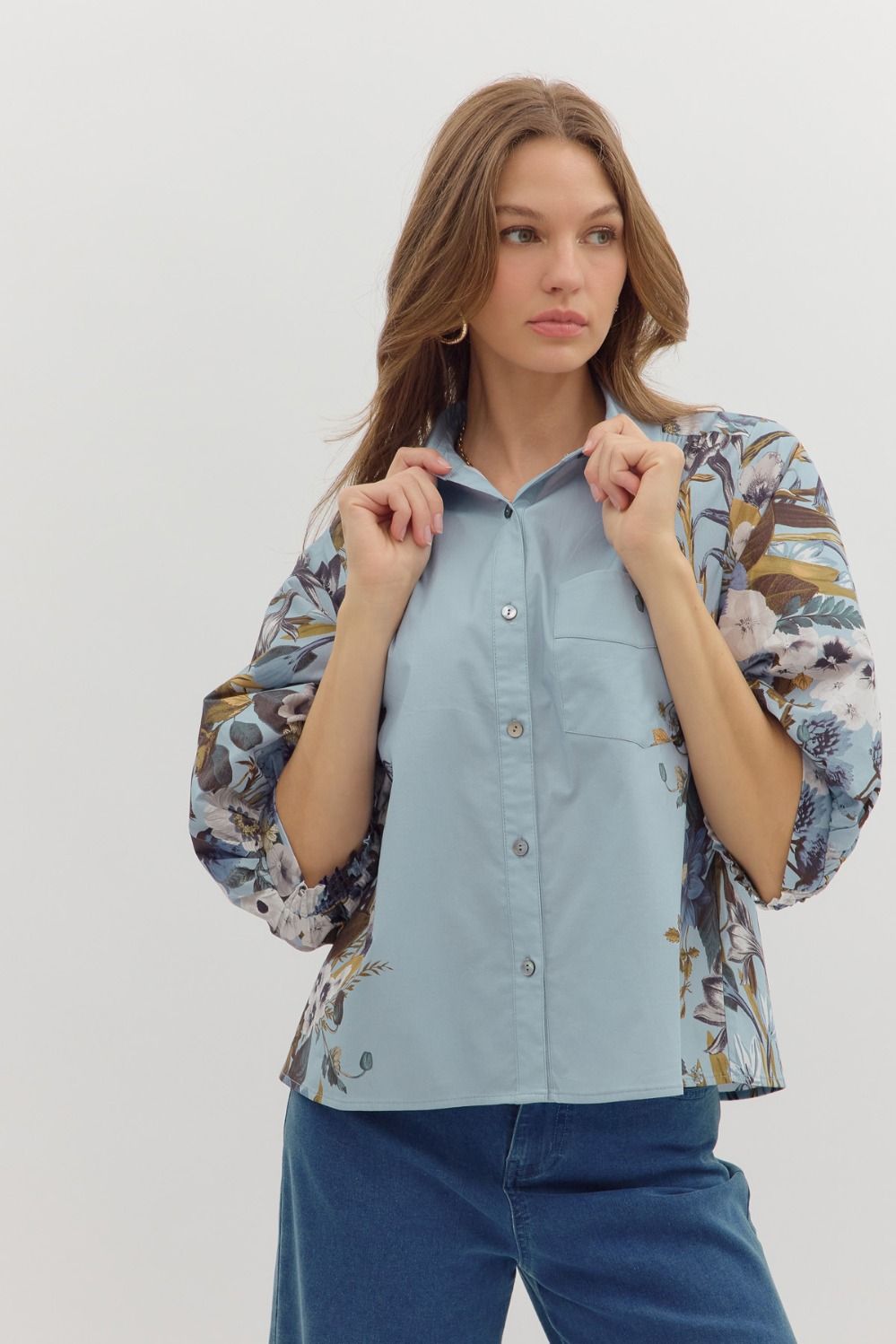 Entro - Floral print cuff band ¾ sleeve shirt - Chambray - From Me To You