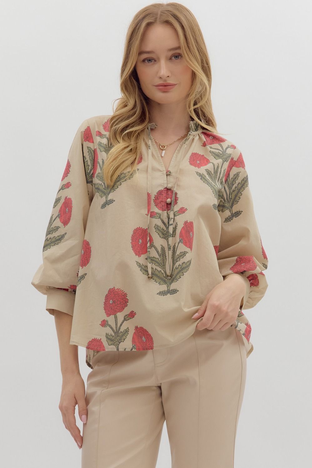 Entro - Floral print ¾ cuff bubble sleeve pullover top - Ecru - From Me To You