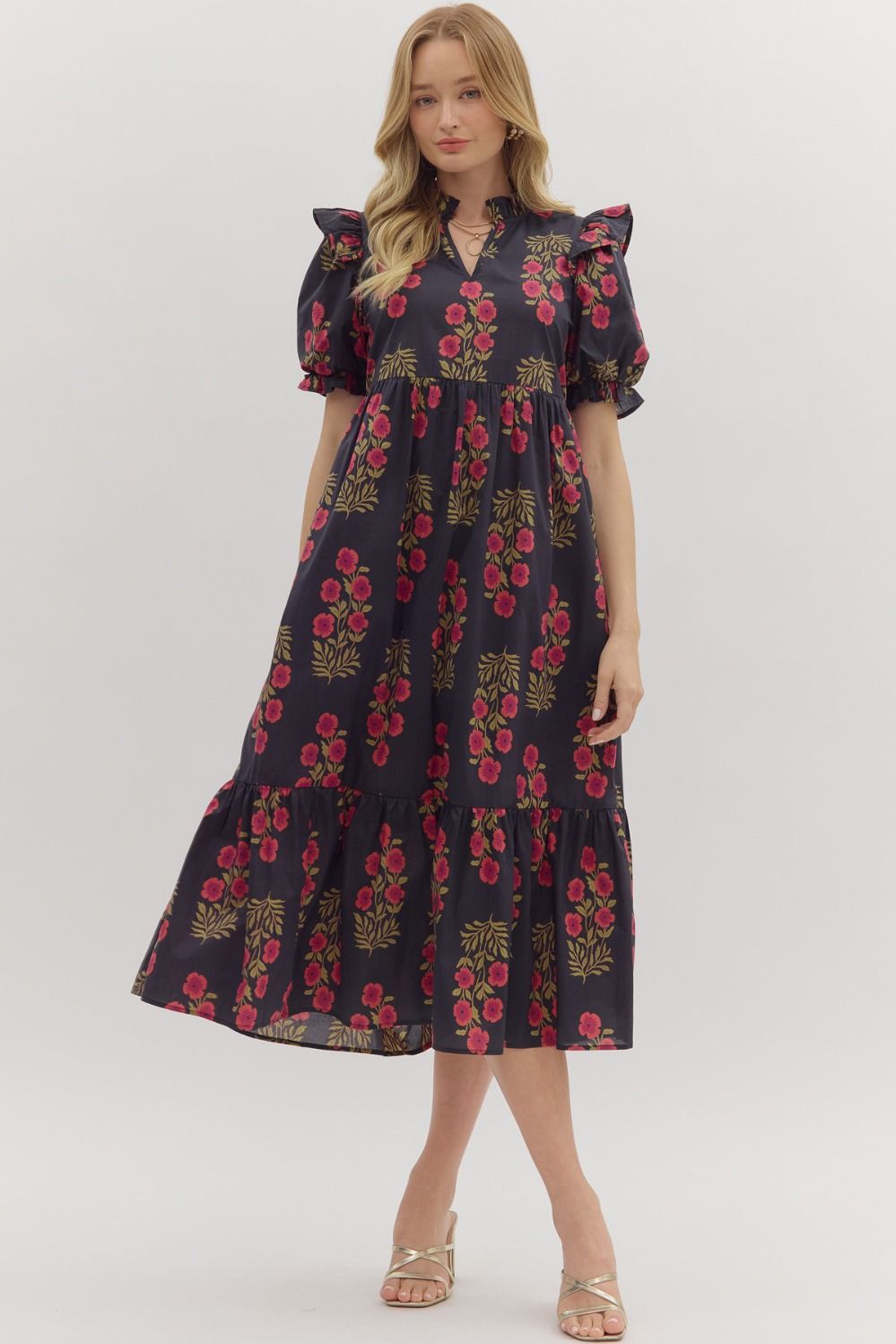 Entro - Floral print short puff sleeve midi dress - Black - From Me To You