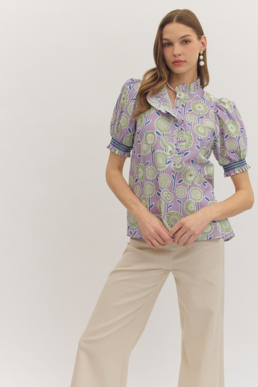 Entro - Floral print short puff sleeve top - Lavender - From Me To You